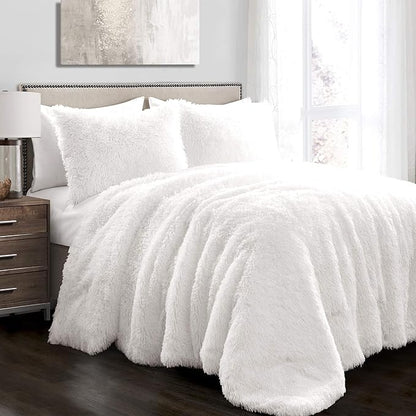 Lush Decor Emma Faux Fur Comforter Queen Size 3 Piece Set Full/Queen White - White Bedding Set Queen Comforters - Fluffy Comforter - Modern Decor