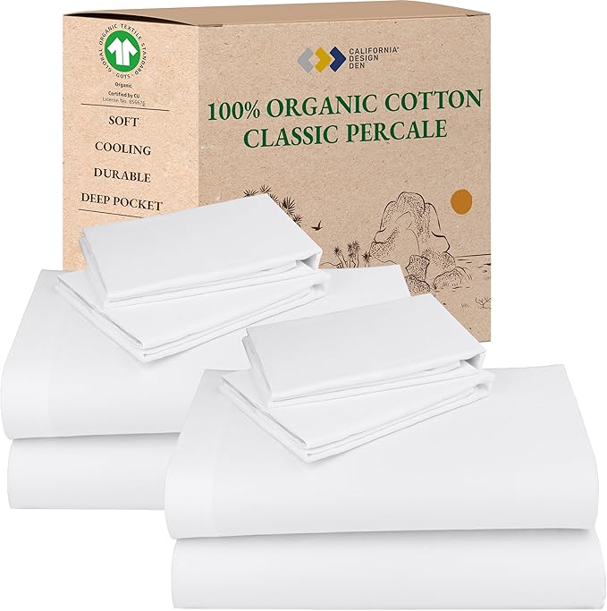 California Design Den 2-Pack Percale Sheets King Size Set - 100% Organic Cotton, Deep Pocket King Sheets Sets, Crisp, Breathable and Lightweight Bedding - White