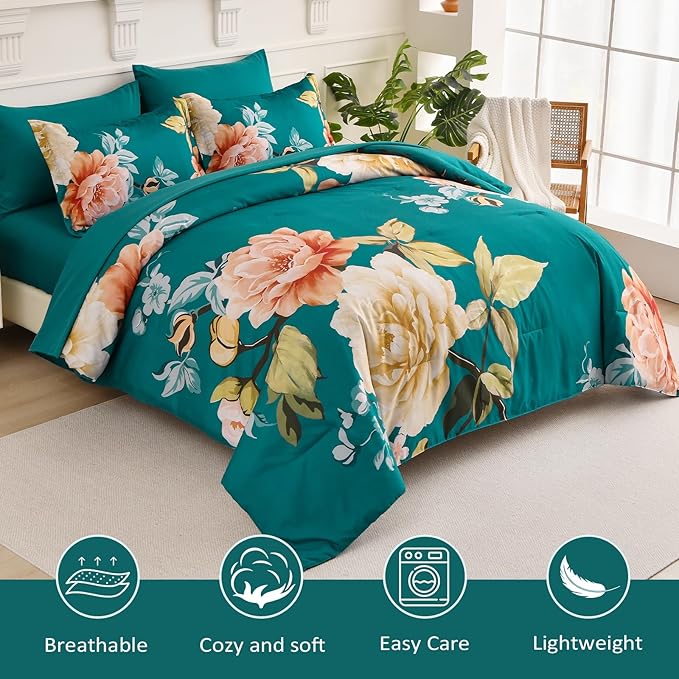 Drucon Floral Comforter Set King Size 7 Pieces Bed in a Bag, Teal Blue Floral Bedding Set, Soft Microfiber Comforter and Sheet Set for All Season (King, 104"x90")