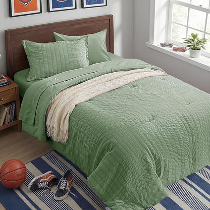 Zzlpp Twin Comforter Set - 5 Pieces, Sage Green Seersucker Bed in a Bag with Comforter, Pillow Sham, Pillowcase, Flat Sheet, Fitted Sheet