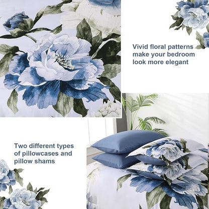 Dobuyly Blue Queen Comforter Set 7 Piece Bed in a Bag Queen, Blue Floral Print on Light Blue Comforter Set with Sheets, Soft Microfiber Complete Bedding Set for All Season