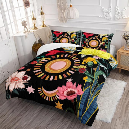 3 Pieces Black Boho Floral Comforter Set,Paisley Bedding Set King Size,Bohe Colorful Flower Leaves Printed on Black Design,All Season Lightweight Soft Microfiber (1 Comforter with 2 Pillowcases)
