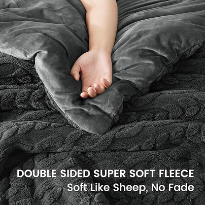 PHF Fluffy Sherpa Fleece Queen Comforter Set, 3 Pieces Warm Fuzzy Soft Bedding for Winter, 3D Tufted Flannel Plush Shaggy Bed Set, 1 Comforter (90"x90") and 2 Pillowcases (20"x26"), Dark Grey