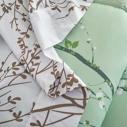 Green Comforter Sheet Set Bed in a Bag 7 Pieces Queen Size Tree Branch Bloom Flower Microfiber Reversible Bedding Set (1 Comforter 2 Pillow Shams 1 Flat Sheet 1 White Fitted Sheet 2 Pillowcases)