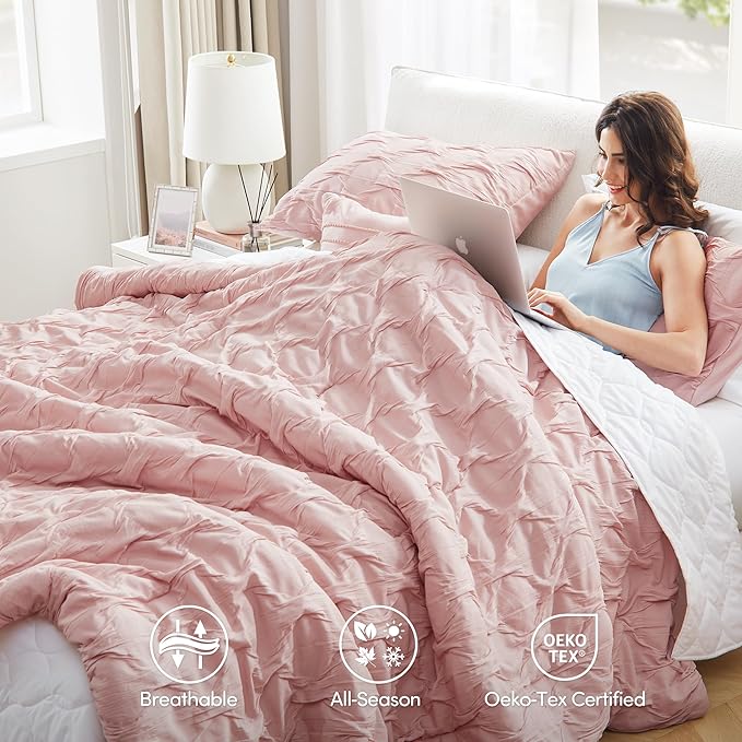 Comfort Spaces Twin/Twin XL Comforter Set for College Ogee Ruched Crinkle Texture Breathable Comforter Set Twin Dorm All Season Lightweight Bedding Set Shabby Chic Décor Pilow Pink 3 Piece