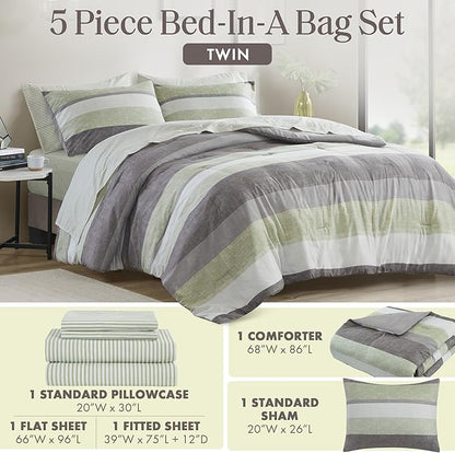Madison Park Essentials Jaxon Twin Comforter Set, Bed in A Bag Comforter & Sheet Set, Modern Casual Stripes Print, All Seasons, Soft Bedding Makeover, Matching Sham, Twin Green/Grey 5 Piece
