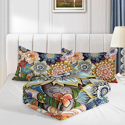 3 Pieces Boho Floral Comforter Set,Bohemian Colorful Flowers Comforter Set King Size Soft Microfiber Flower Duvet Vintage Bedding in a Bag for Kids Teens and Adults (1 Comforter with 2 Pillowcases)