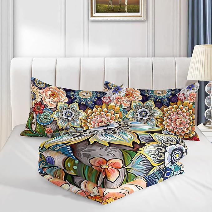 3 Piece Boho Floral Bedding Set,Colorful Flowers Comforter Set,Bohemian Reversible Down Alternative Bed Sets,Full Size Soft Microfiber Flower Duvet Vintage Bedding in a Bag for Women Men