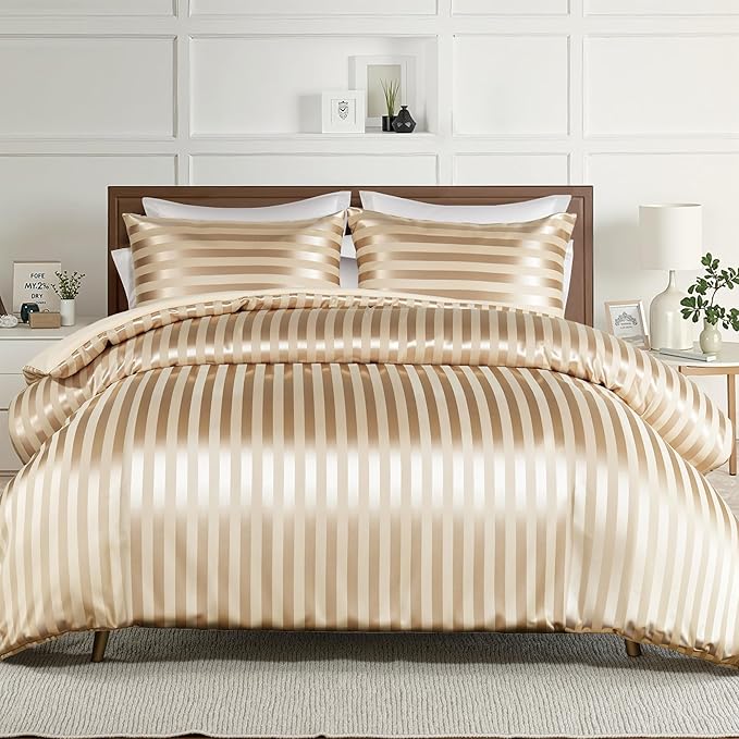 Whale Flotilla 3-Piece Reversible Silky Soft Queen Comforter Set, Luxury Stripe Satin Comforters Full Size Bedding Set with 2 Satin Pillowcases, Lightweight Duvet for All Seasons, Champagne