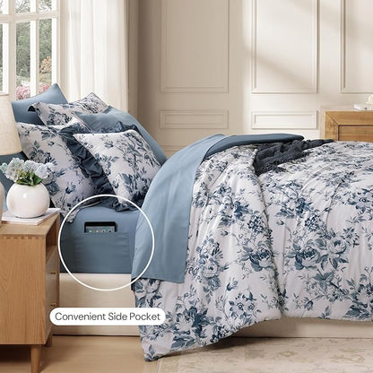 Full Comforter Set -7 Pieces Floral Blue Comforter Set for All Seasons, Bed in a Bag Full with Botanical Flowers Comforter, Sheets, Pillowcases & Shams