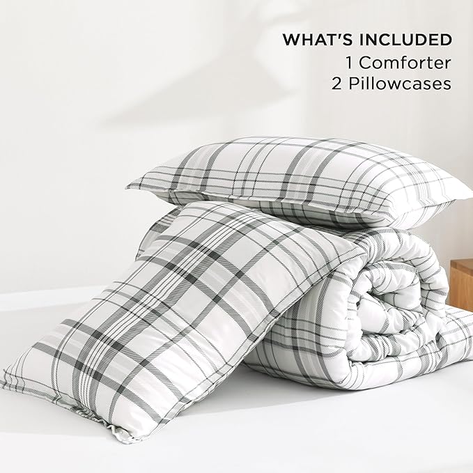 Andency Green White Plaid Comforter Set Queen(90x90Inch), 3 Pieces Preppy Grid Gingham Stripes Bedding Comforter Sets for Boys Girls Kids, Green Line Soft Lightweight Geometric Reversible Bed Set