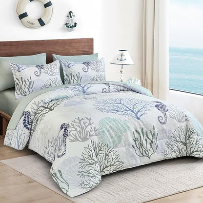 WONGS BEDDING Comforter Set King，Coastal Beach Theme Bedding Set, 7 Pieces Ocean Nautical Seaweed & Starfish Summer Bed in a Bag (104"×90")