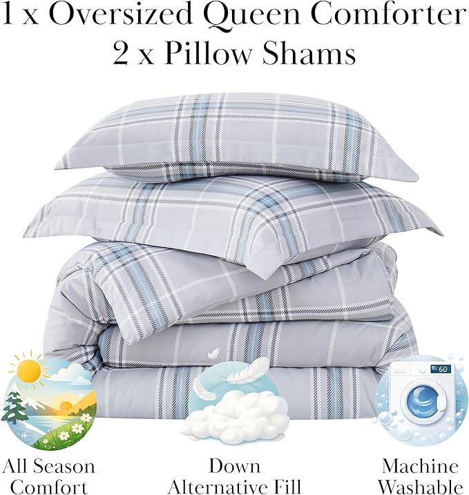 Southshore Fine Living, Inc. Vilano Plaid Collection - Full/Queen Comforter Set, Premium Quality, All-Season Down Alternative, Easy Care, Oversized 3-Piece Comforter Set, Full/Queen, Grey