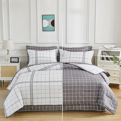 EMME King Comforter Set-7 Pieces Bed in a Bag Plaid Bedding Sets with Black White Comforter,Sheets, Pillowcases and Shams,Soft Microfiber Down Alternative for All Season