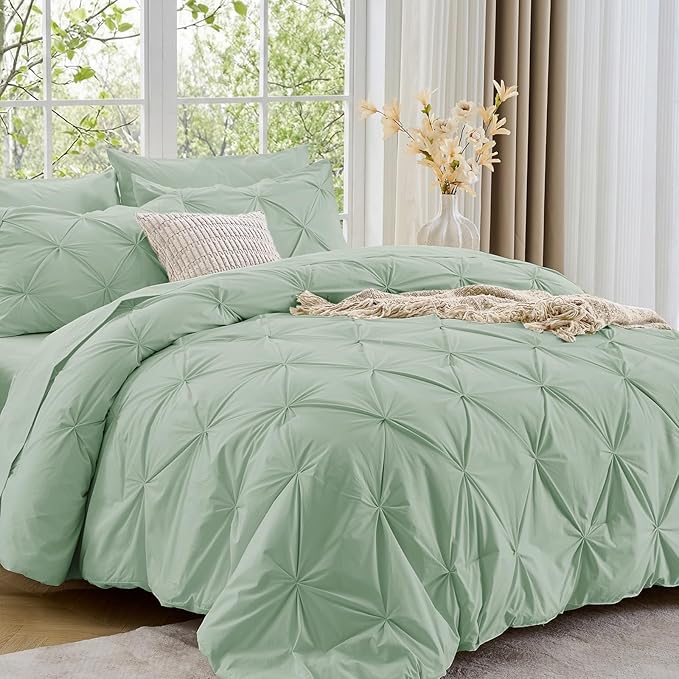 Sasttie California King Comforter Set, 7-Piece Bed in a Bag, Pintuck Bedding Sets for All Season, Includes Comforter, Flat Sheet, Fitted Sheet, Pillowcases and Pillowshams, Sage