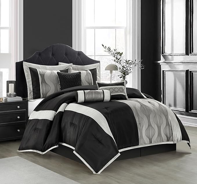 Stratford Park Black and Silver Comforter Set California King Size,Elegant 7 Pieces Striped All Season Bedding Set