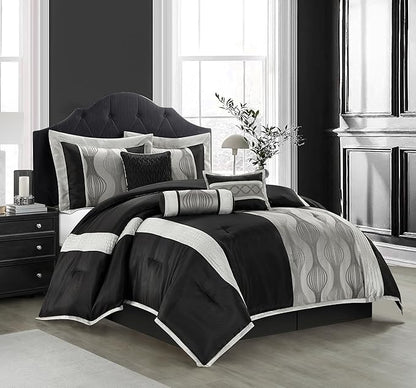 Stratford Park Black and Silver Comforter Set California King Size,Elegant 7 Pieces Striped All Season Bedding Set