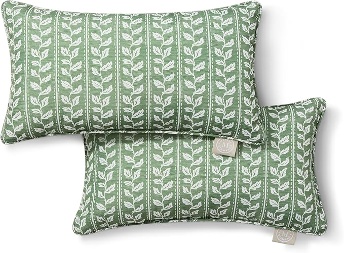 Martha Stewart Vineyard Vines Indoor Outdoor Decorative Lumbar Pillow 2-Pack Set, UV Fade Resistant, Water Repellent, Printed Garden Design, Green, 11"x18"