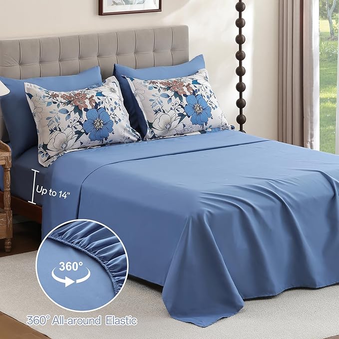 Xruibed Blue Floral Comforter Set King Size 7 Pieces Bed in a Bag Flower Comforter Set with Sheet, Pillowcases, Pillowshams, Soft Microfiber Bedding Set for All Season (King 104''x90'')