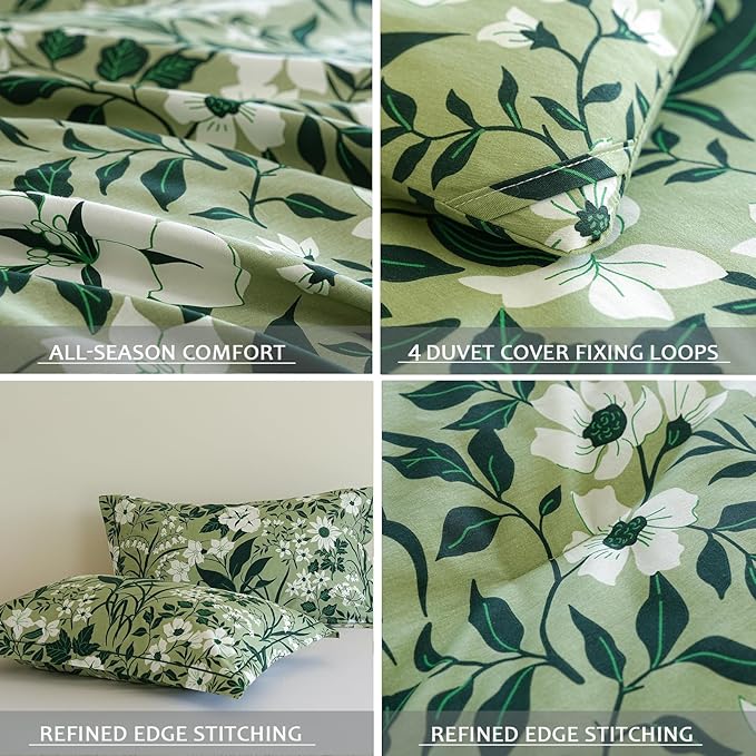 Cotton Queen Size Comforter Set, 3Pcs Garden Style Green Flower Print Botanical Comforter for All Seasons, Luxury Warmth Breathable Bedding Set with 1 Lightweight Comforter and 2 Pillow shams