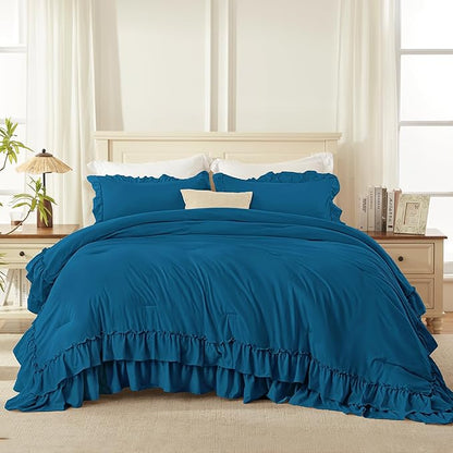 Andency Teal King Comforter Set (104x90Inch), 3 Pieces Ruffle Bedding Set with 2 Pillowcases, Farmhouse Shabby Chic Lightweight Fluffy Soft All Season Bed Set