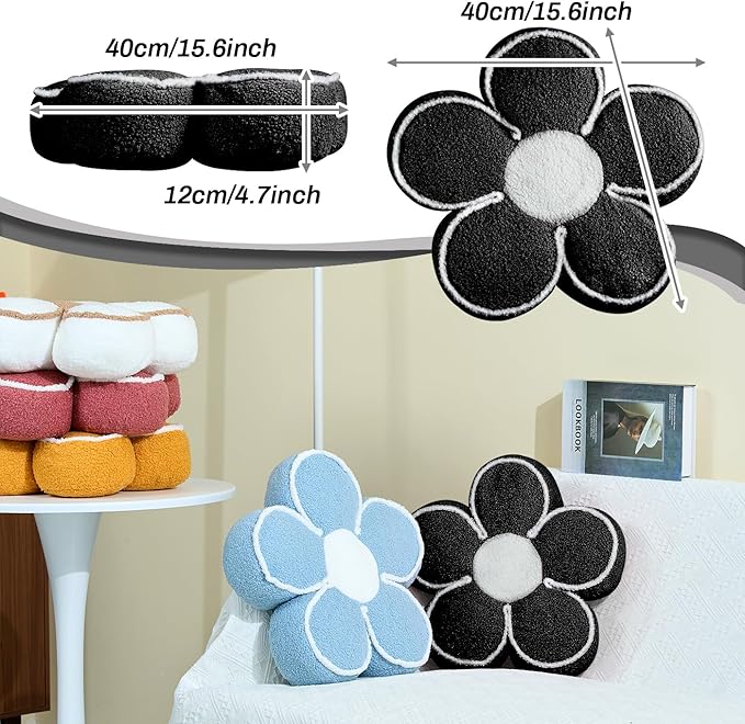 Sioloc Flower Shaped Pillow Daisy Pillows Floor Cushion Pastel Cute Seat Cushions Aesthetic Classroom Dorm Decorative Fun Throw Pillow for Bed,Couch(Black,19.7")