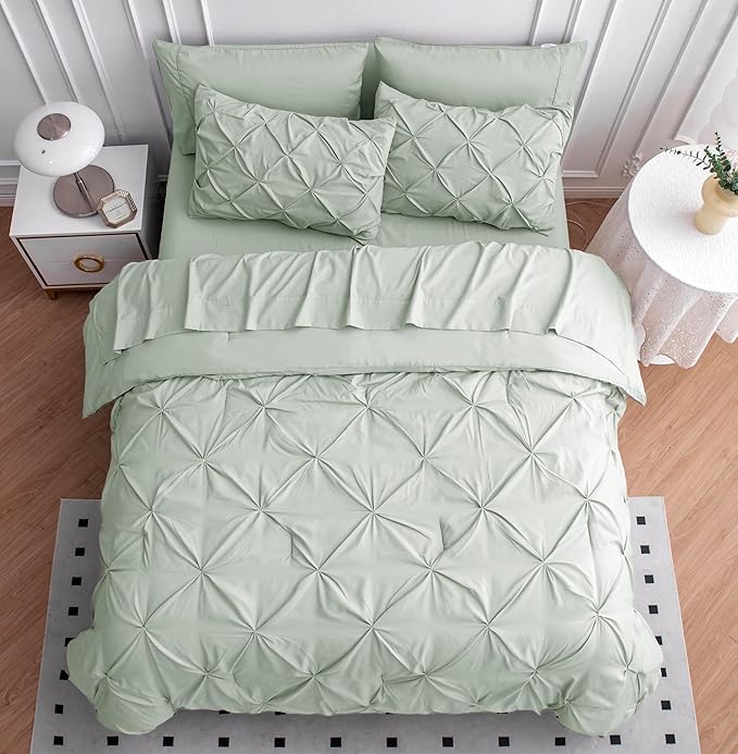 California King Comforter Set - 7 Piece Bed in a Bag - Premium Pintuck Cal King Bed Set - Luxury Soft Fabric Bedding Sets with Comforter, Sheets, Pillowcases & Shams - Clean Fluffy Comforter - Mineral | Wide coverage, Plush sleep surface, Light non hea...