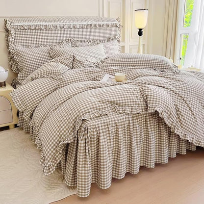mixinni Vintage Ruffle Tan Gingham Comforter Set 3-Piece Washed Cotton Full Beige Grid Bedding Set with Taupe Geometric Checkered Pattern, Farmhouse Chic Soft Fluffy Comforter for All-Season