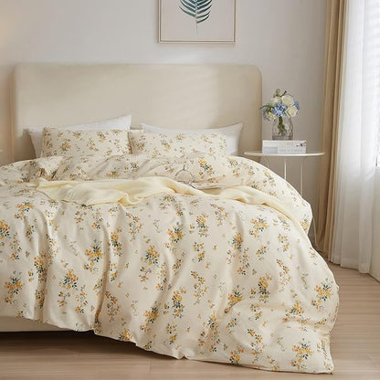 mixinni Yellow Floral Comforter Full Size Boho Flower Leaves Pattern Printed Bedding Sets Cute Floral Soft Fluffy Comforter with 2 Pillowcases, Botanical Bed Set for All Season-Full Size
