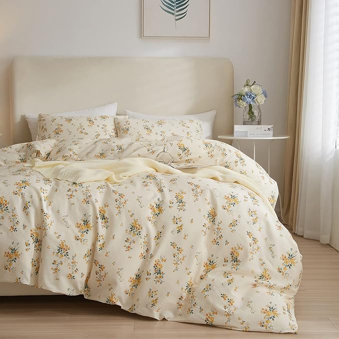 mixinni Garden Style Floral Comforter Set for Queen Size Bed Boho Yellow Floral Bedding Sets Fluffy Flowers Leaves Bed Sets for All Season 1 Comforter with 2 Pillow Shams for Women
