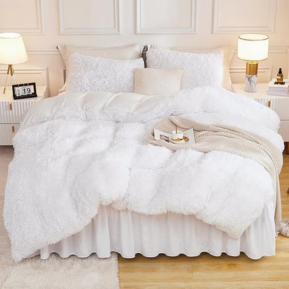 Andency Faux Fur White Comforter Queen Size, 3 Pieces Fluffy Fuzzy Plush Bedding Comforter Set (1 Shaggy Velvet Comforter & 2 Pillowcases), Soft Puffy Comfy Down Alternative Bedding Set