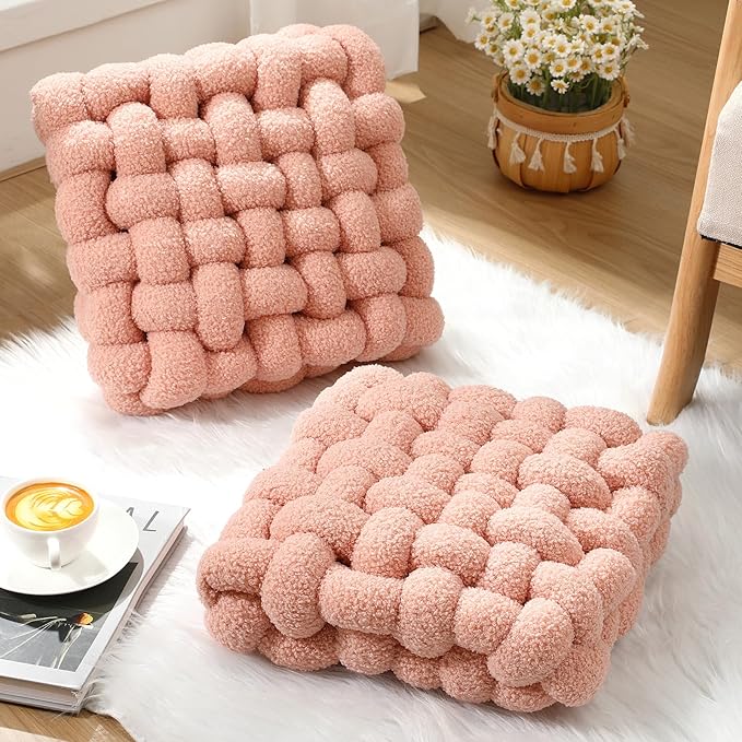 Wenqik 2 Pcs Knot Pillows Square Knotted Plush Throws Soft Accent Pillows Decoration Cushion for Couch Home Office Living Room Bedroom Bed Sofa Decor, 12'' x 13''(Pink,Lambswool)