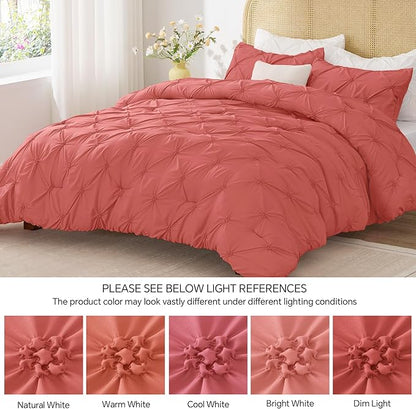 BEDELITE Coral King Size Comforter Set - 3 Pieces Boho Pintuck Bedding Comforter Sets, Lightweight Soft & Warm King Bedding Set with 2 Pillowcases for All Season