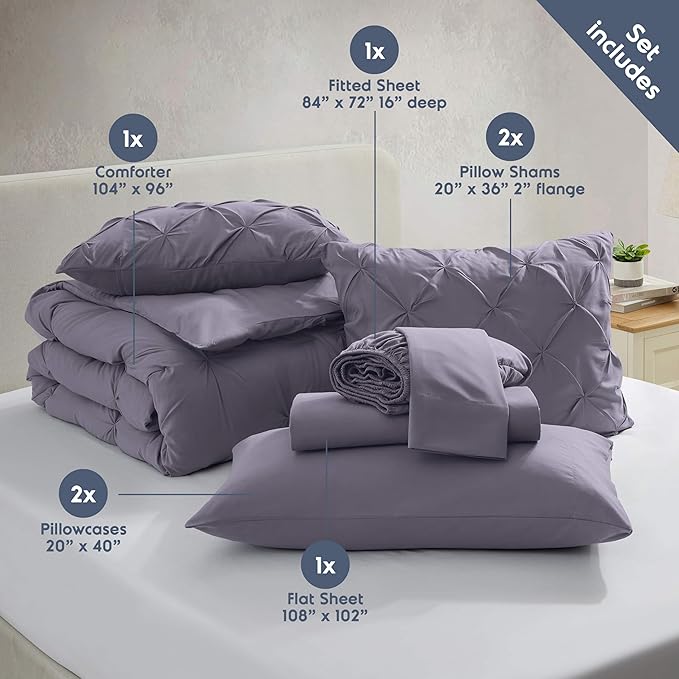 Nestl California King Comforter Set 7 Piece - Pintuck Cal King Comforter Set Grayish Purple, California King Bed in a Bag, All Season Bed Set with Flat Sheet and Fitted Sheet, Pillowcases and Shams