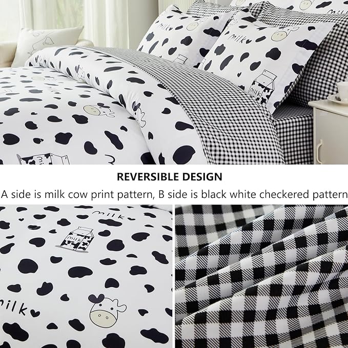 SUCSES Full Size Comforter Set with Sheets 8 Piece Cow Print Bedding Set for Boys Girls Black and White Kids Bed-in-A-Bag Farmhouse Rustic Bed Set for Bedroom (Milk Cow, Full)