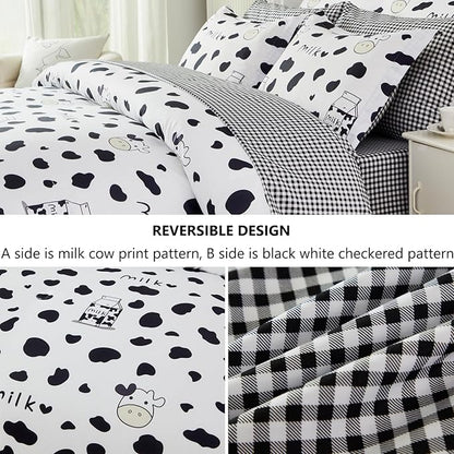 SUCSES Full Size Comforter Set with Sheets 8 Piece Cow Print Bedding Set for Boys Girls Black and White Kids Bed-in-A-Bag Farmhouse Rustic Bed Set for Bedroom (Milk Cow, Full)