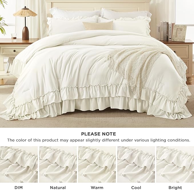 Andency Ivory Ruffle Comforter Set Oversized King, Shabby Chic Solid Bedding Set 3 Pieces, Lightweight Soft Bet Set 120x98 for Girls Women (1 Comforter 2 Pillowcases)