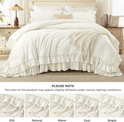 Andency Ivory Ruffle Comforter Set Oversized King, Shabby Chic Solid Bedding Set 3 Pieces, Lightweight Soft Bet Set 120x98 for Girls Women (1 Comforter 2 Pillowcases)