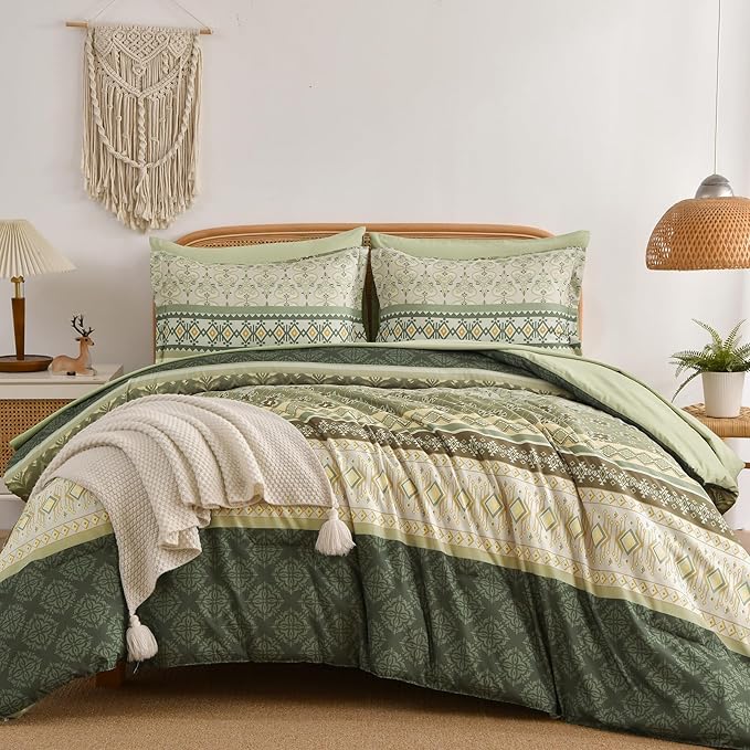 Boho Comforter Set Queen Size,7 Pieces Sage Green Bedding Set Bed in a Bag,Paisley Floral Comfortet and Sheet Set,Soft Striped Bohemian Comforter with Sheet for All Season