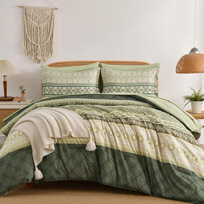 Boho Comforter Set Queen Size,7 Pieces Sage Green Bedding Set Bed in a Bag,Paisley Floral Comfortet and Sheet Set,Soft Striped Bohemian Comforter with Sheet for All Season