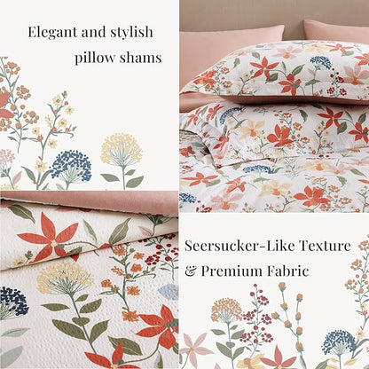 CASAAGUSTO Queen Comforter Set, 7 PCS Clay Pink Floral Comforter Set with Flowers Leaves Pattern, Soft Seersucker Design All Season Queen Size Bedding Set(90"X90")