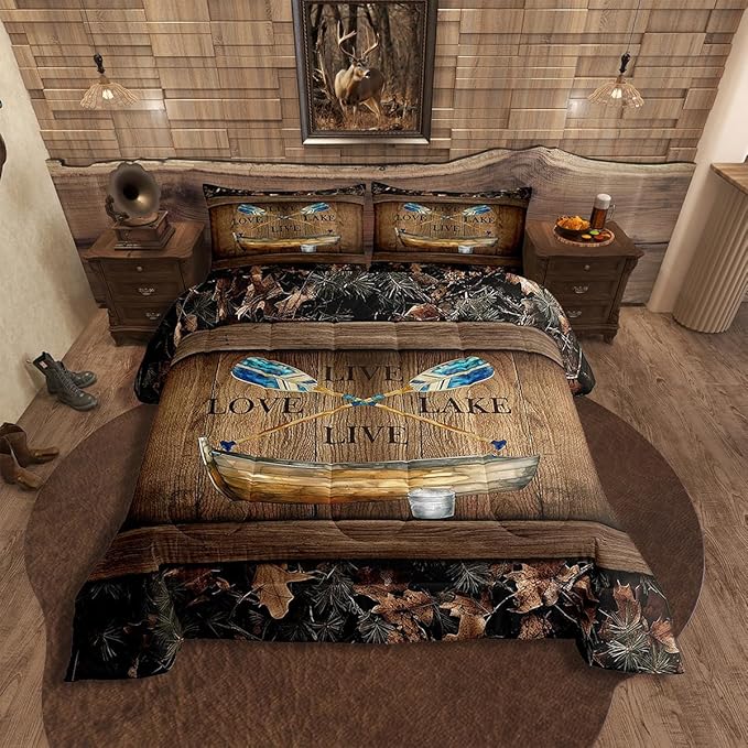 Erosebridal Lake House Comforter Set Toddler Lake Paddle Boat Bedding Set Gifts for Men Women Kids,Rustic Cabin Camo Bedding Comforter Sets Woodland Tree Branch Leaves Camouflage Bed Set 2 Pcs