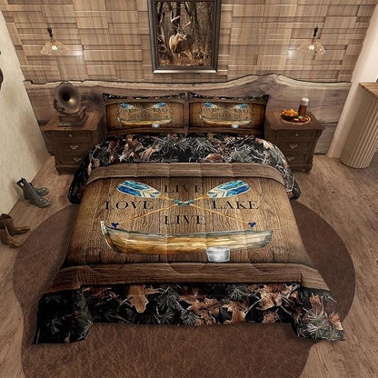 Erosebridal Lake House Comforter Set Toddler Lake Paddle Boat Bedding Set Gifts for Men Women Kids,Rustic Cabin Camo Bedding Comforter Sets Woodland Tree Branch Leaves Camouflage Bed Set 2 Pcs