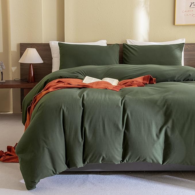 CozyTide Queen Size Comforter Set Olive Green,Cotton Soft Solid Dark Green Bedding Set & Collections,3 Pieces Lightweight Bedding Set for All Seasons (90x90In Comforter and 2 Pillowcases)