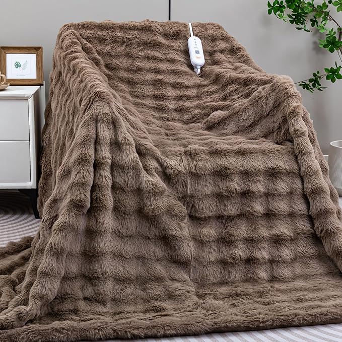 Heated Blanket Electric King- 100"x90" Soft Thick Bubble Electric Blanket for Sofa with 5 Heat Levels & 10 Hours Auto-Off Overheat Protection, Warm Cozy Gifts, Beige