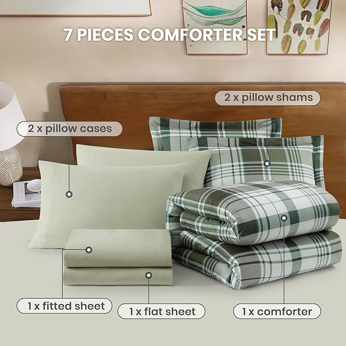 MaiRêve Full Size Comforter Set Olive Green, Plaid Design Comforter Set 7 Pieces, All Season Comfortable Bedding Sets Full, Lightweight, Soft and Warm (Olive Green, Full)