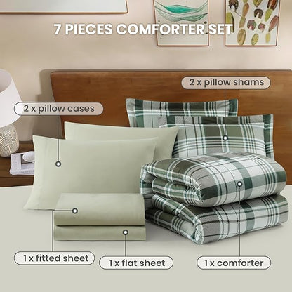 MaiRêve Full Size Comforter Set Olive Green, Plaid Design Comforter Set 7 Pieces, All Season Comfortable Bedding Sets Full, Lightweight, Soft and Warm (Olive Green, Full)