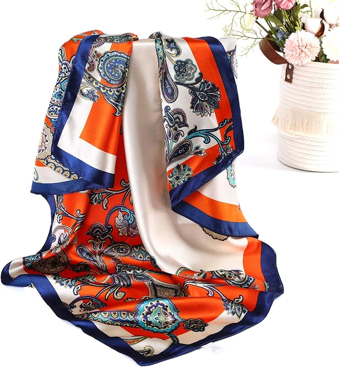 AWAYTR 35” Satin Large Square Head Scarves - 4PCS Silk Like Neck Scarf Hair Sleeping Wraps Satin Silk Scarfs for Women