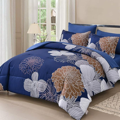 Yiran Navy Brown Comforter Set Queen Bed in a Bag 7 Pieces Floral Soft Microfiber Comforter Bedding Sets Bed Set with Comforter, Sheets, Pillowcases & Shams 90"×90"