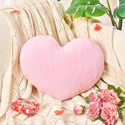 Pink Heart Pillow Decorative Throw Pillows, Fuzzy Heart Shaped Pillow for Bed Couch Chair, Faux Fleece Cute Love Pillow Cushion for Room Decor, Valentines Day, 15" x 13"